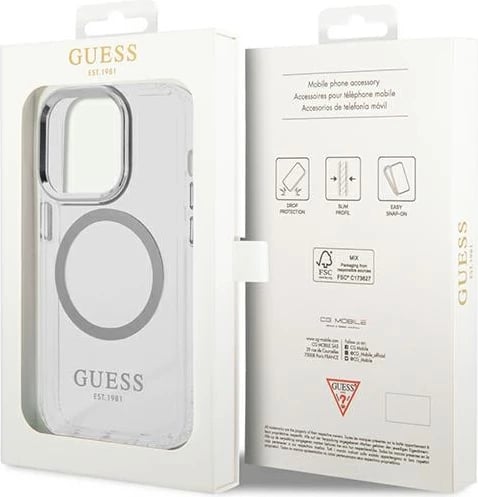 Mbështjellës Guess Metal Outline Magsafe për iPhone 14 Pro Max 6.7", argjendtë/transparente
