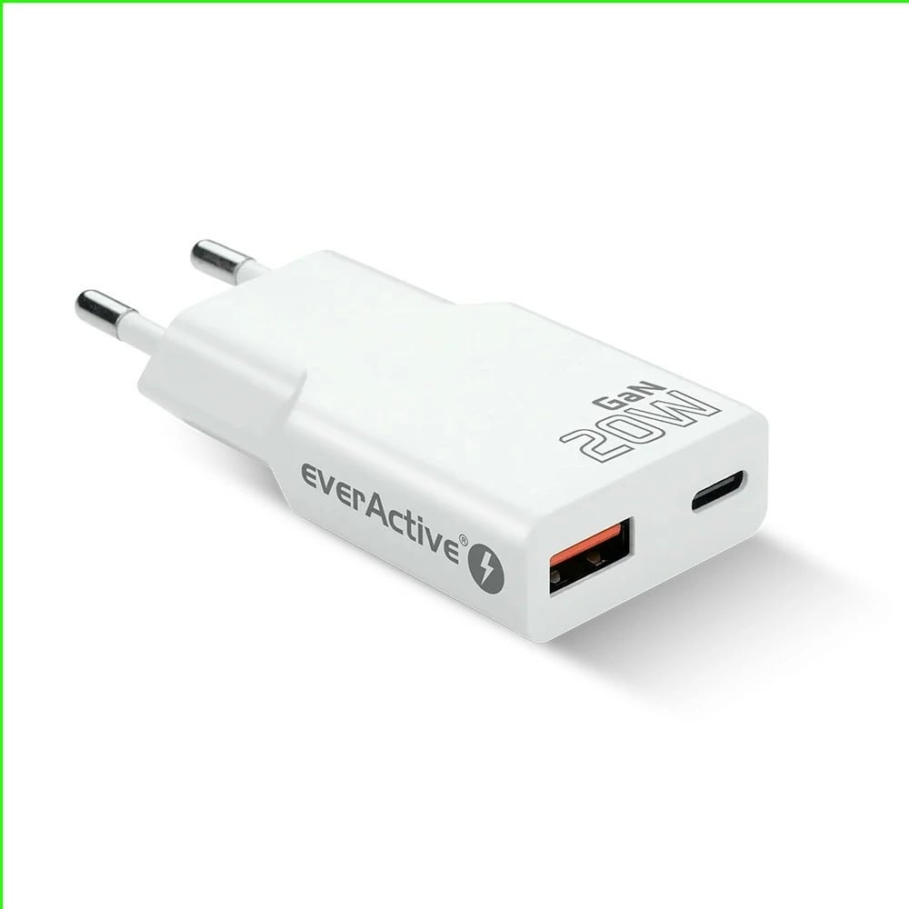 Karikues muri, everActive, SC-340Q, GaN super slim, USB QC 3.0 + USB-C PD 20W, 1x USB + 1x USB-C, i bardhë