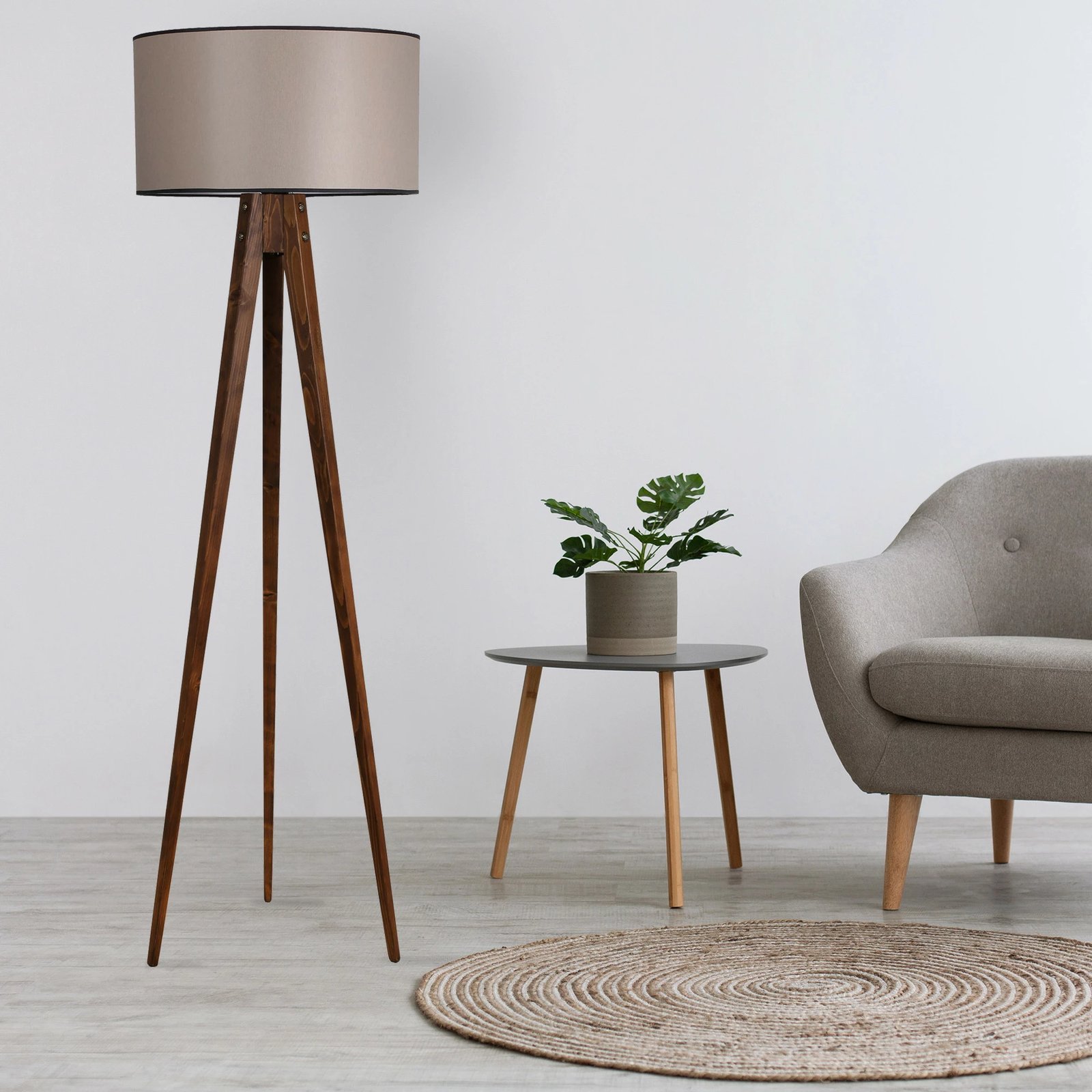 Lambader tripod prej druri, ngjyrë arre, Opviq, cilindër, 82, abajur