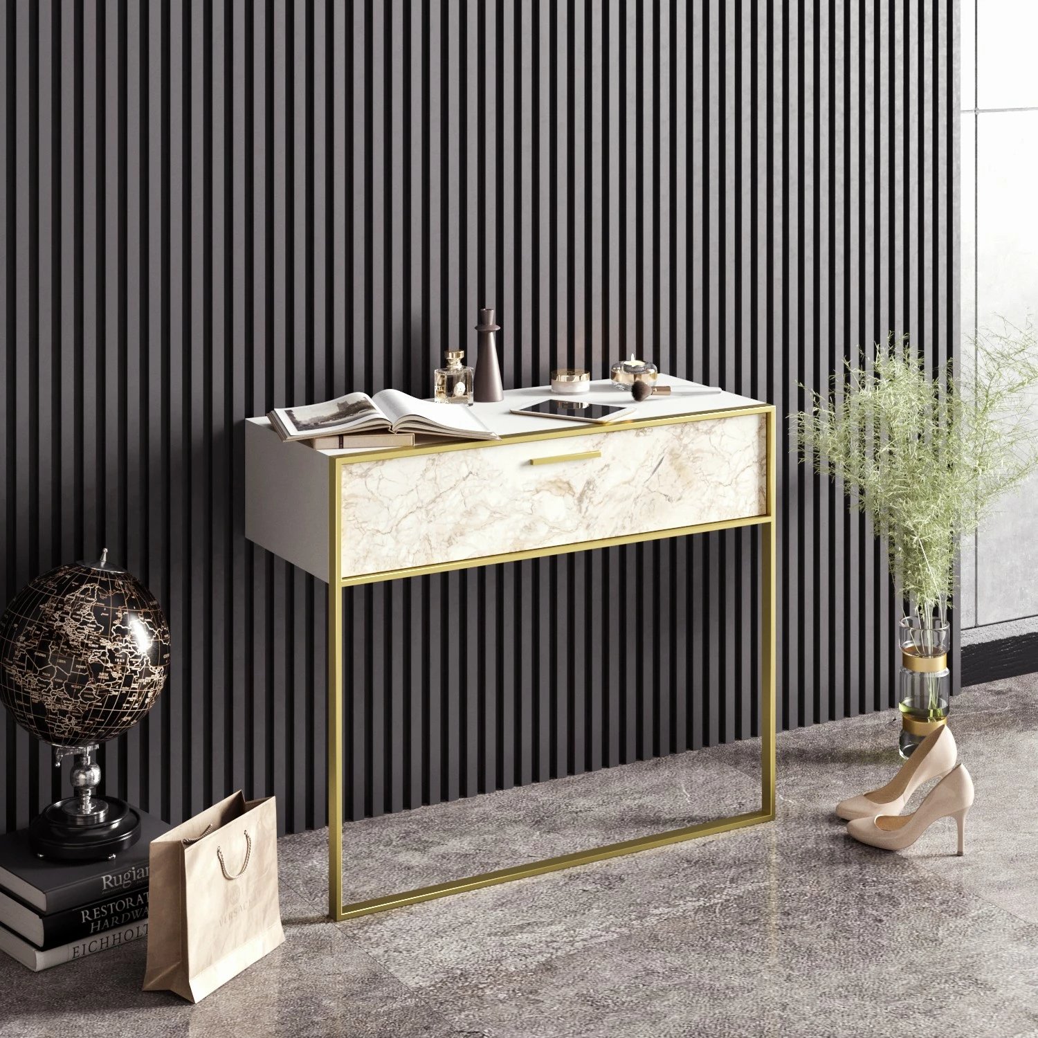 Komodë anësore Hanah Home, Polka, e bardhë dhe ari