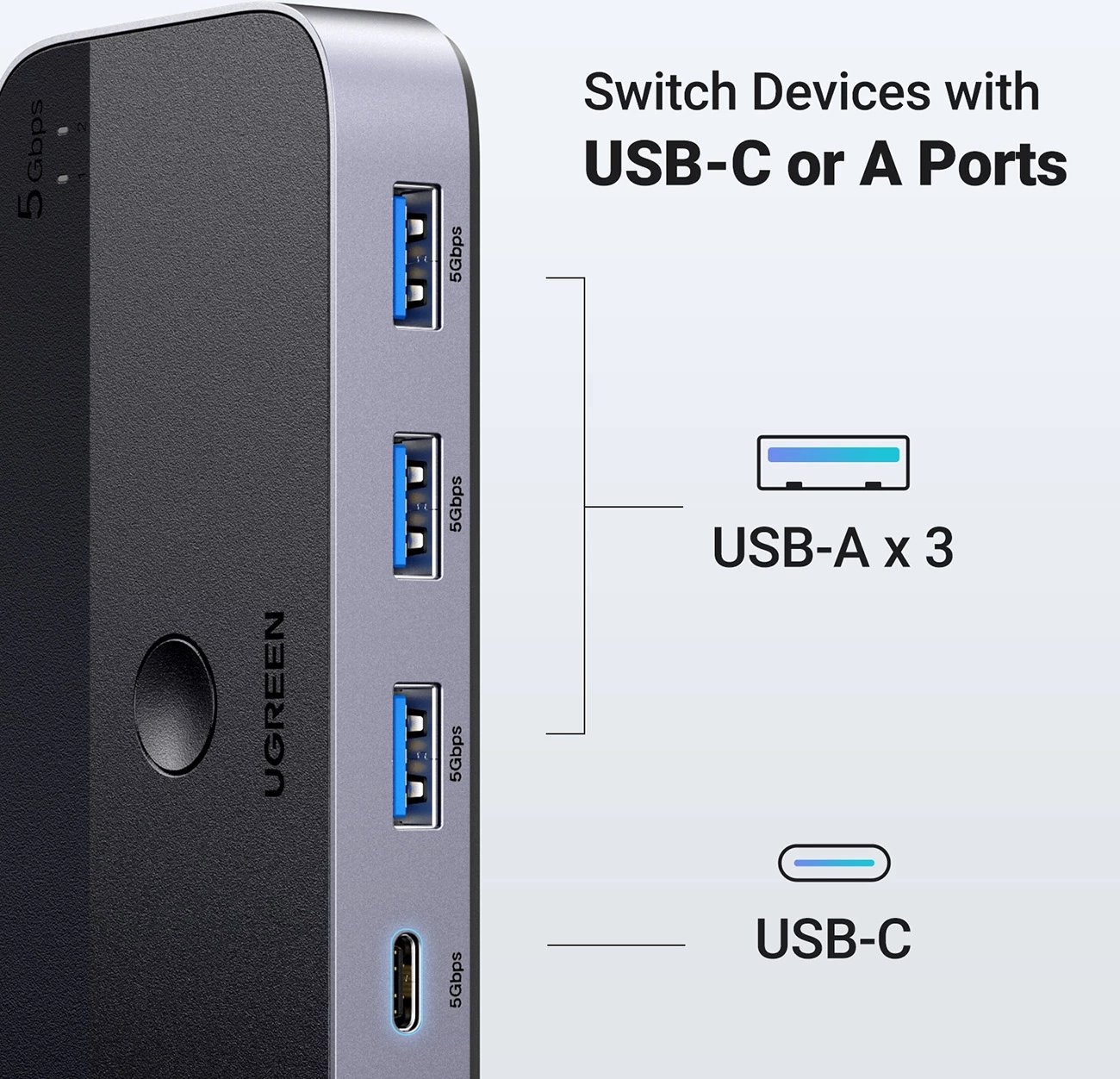 Switch USB 3.0 Ugreen CM662, 2-në-4, me 2 kabllo USB-A, e zezë