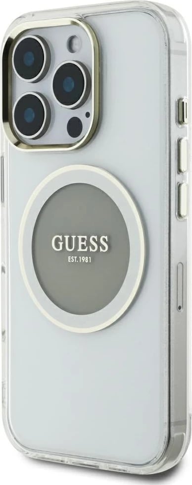 Mbështjellës Guess IML Metal Colored Circle Classic Logo MagSafe për iPhone 16 Pro Max, Gri