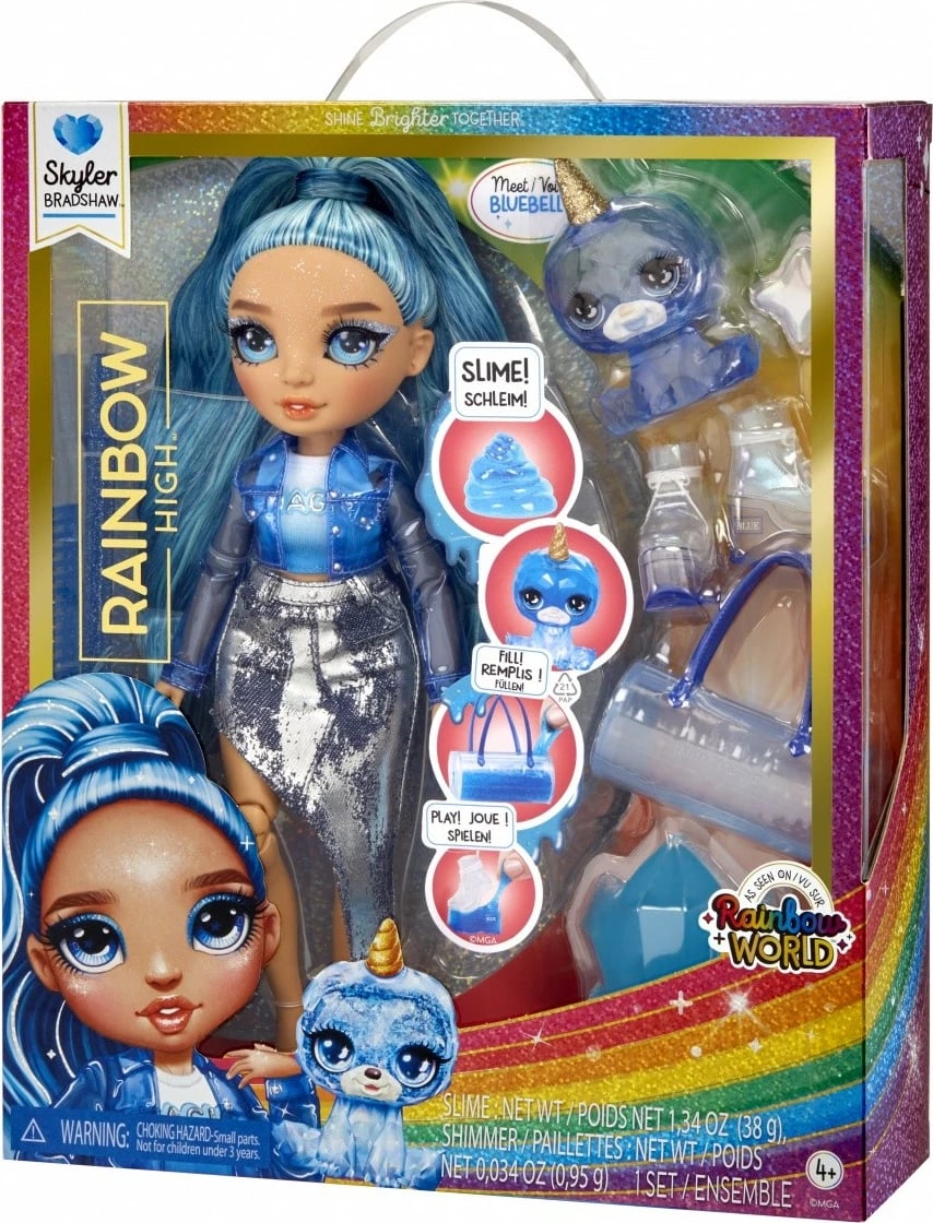 Kukull Rainbow High Skyler, MGA, 120216-EU, me kafshë magjike dhe slime, Blu