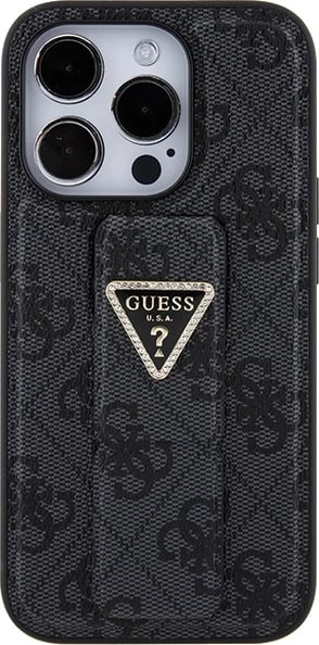 Mbështjellës Guess Grip Stand 4G Triangle Strass për iPhone 15 Pro Max, i zi