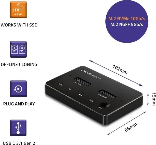 Kasë SSD Qoltec 52274, M.2, NVMe/SATA, USB-C, DUAL 2 x 2TB, e zezë