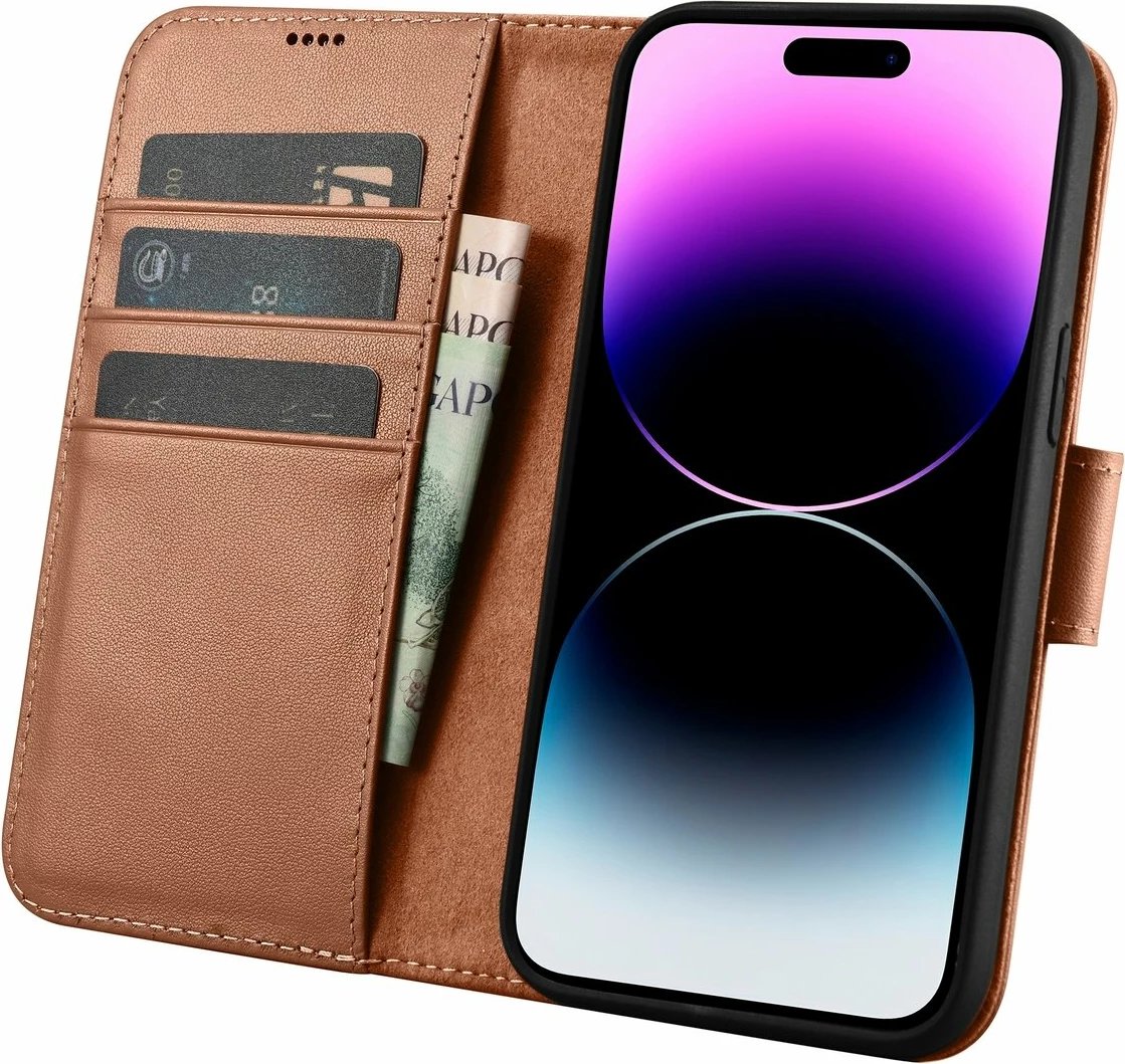 Mbështjellës iCarer Wallet Case 2in1 për iPhone 14 Pro, lëkurë natyrale, Anti-RFID, Kafe