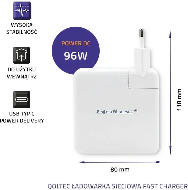 Mbushës muri Qoltec 96W, USB Type-C PD, i bardhë