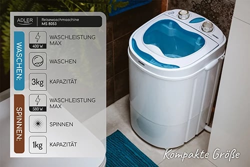 Makineri larëse portative me shtrydhje, Adler MS 8053, 3 kg larje, 1 kg shtrydhje, program 15 min, 360x370x530 mm, e bardhë