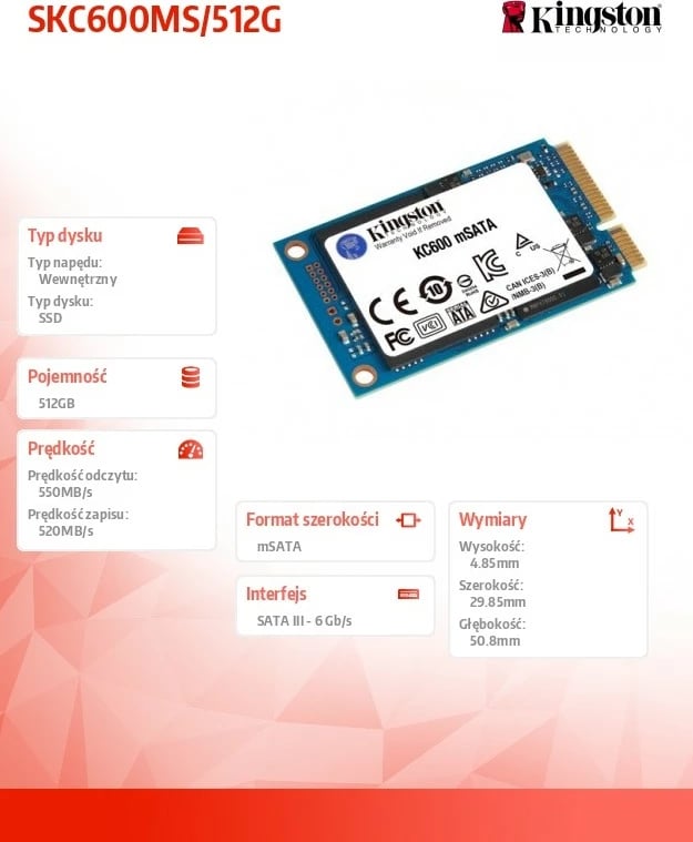 SSD Kingston SKC600MS/512G, 512GB, mSATA, Blu