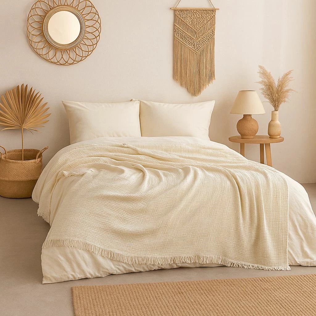 Mbulesë dyshe për shtrat, muslin pambuku, ngjyrë ecru, 200x220cm