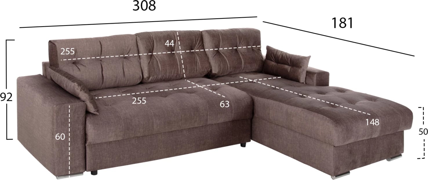 Divan qoshe me shtrat dhe hapësirë ruajtëse, CLANCY, FH3281.03R, pëlhurë kafe, 308x181x92H cm