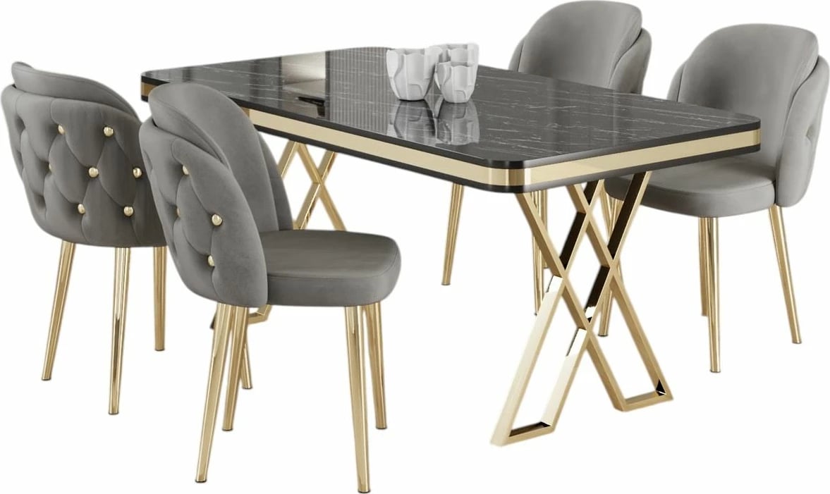 Tavolinë me karrige, 5 copë, Skye Decor Rigel, mermer i zi, ar, gri