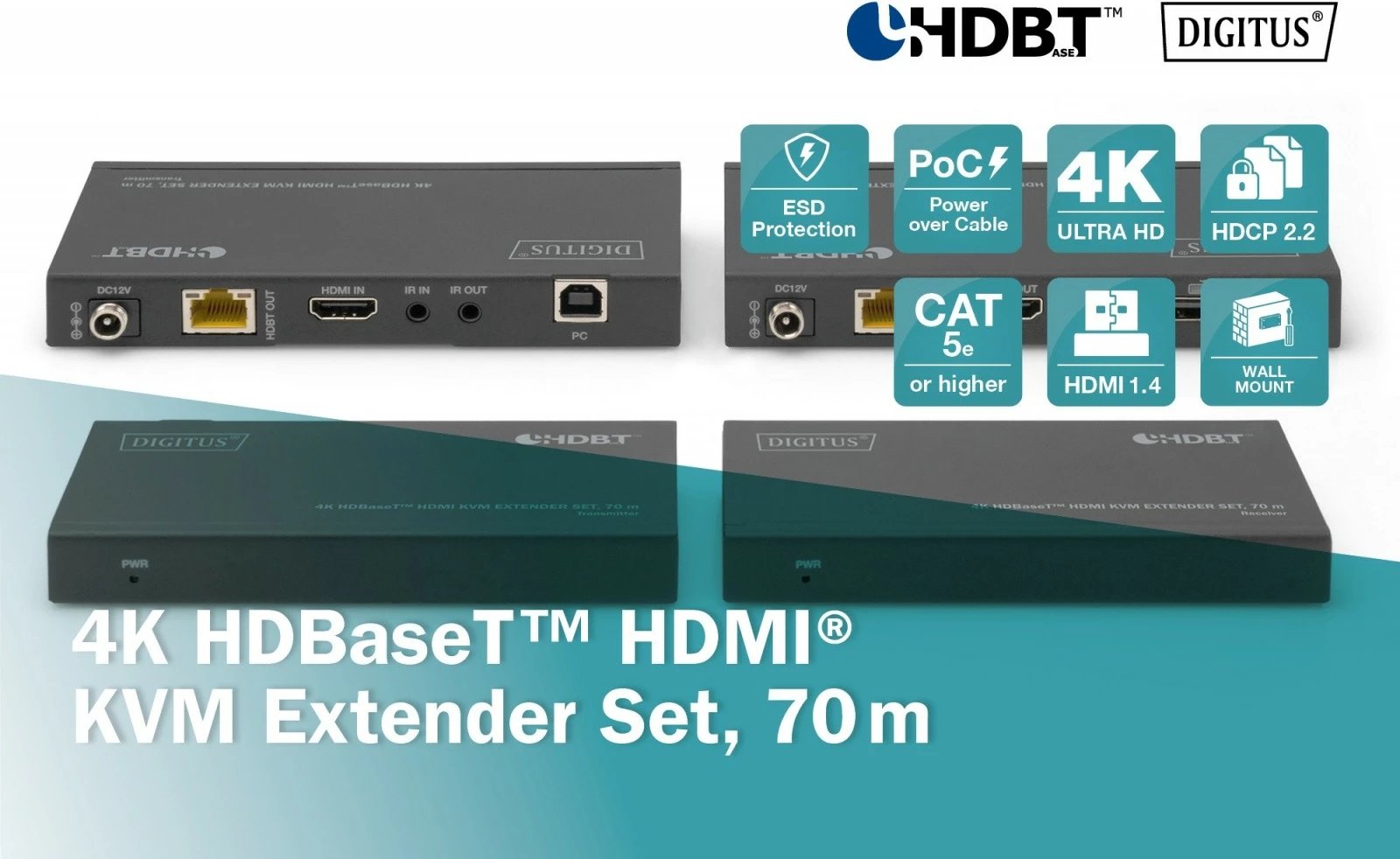 Set zgjatues KVM HDMI Digitus DS-55512, 70m, 4K, PoC, i zi