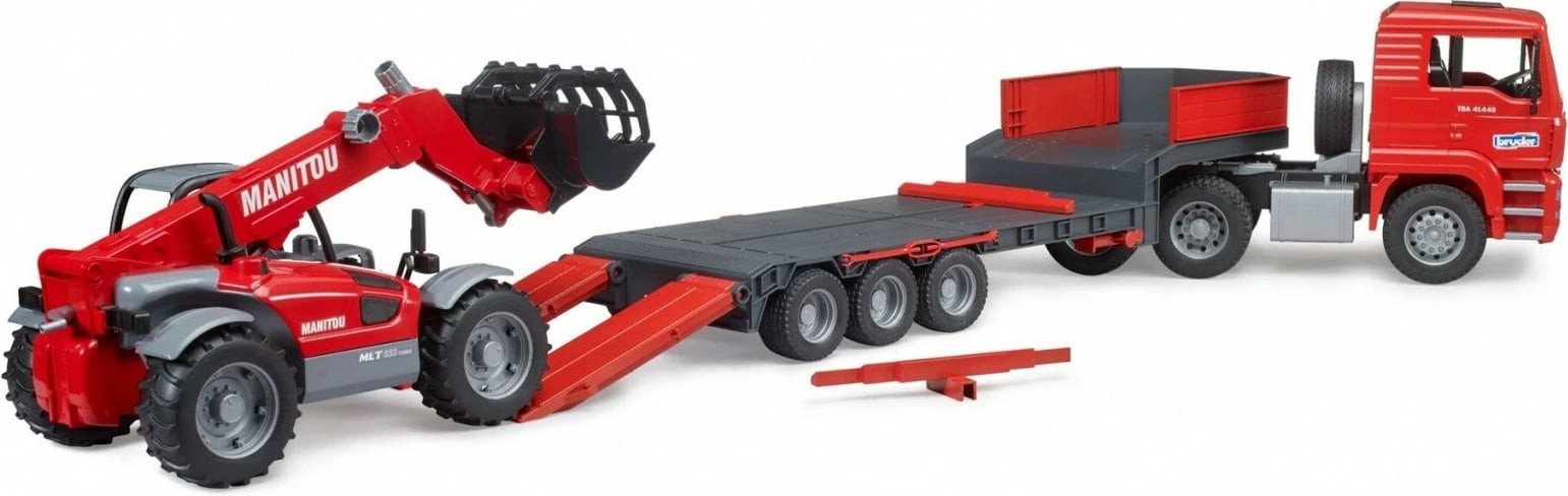 Kamion lodër BRUDER MAN TGA me rimorkio dhe ngarkues teleskopik Manitou, 1:16, Kuq
