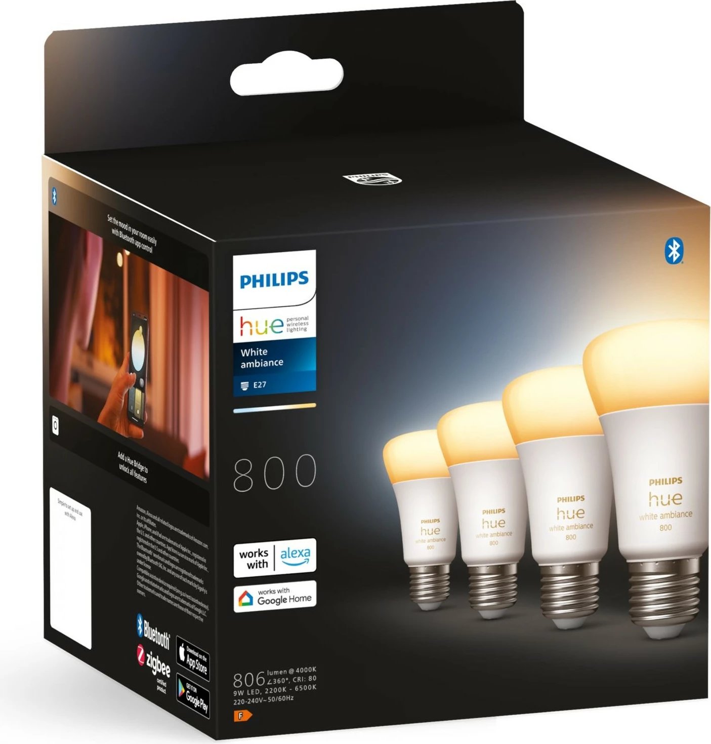 Llambë smart Philips Hue White ambience 4-pack E27, Bluetooth/Zigbee, LED, E27, A60, Bardhë Llambë smart Philips Hue White ambience 4-pack E27, Bluetooth/Zigbee, LED, E27, A60, Bardhë