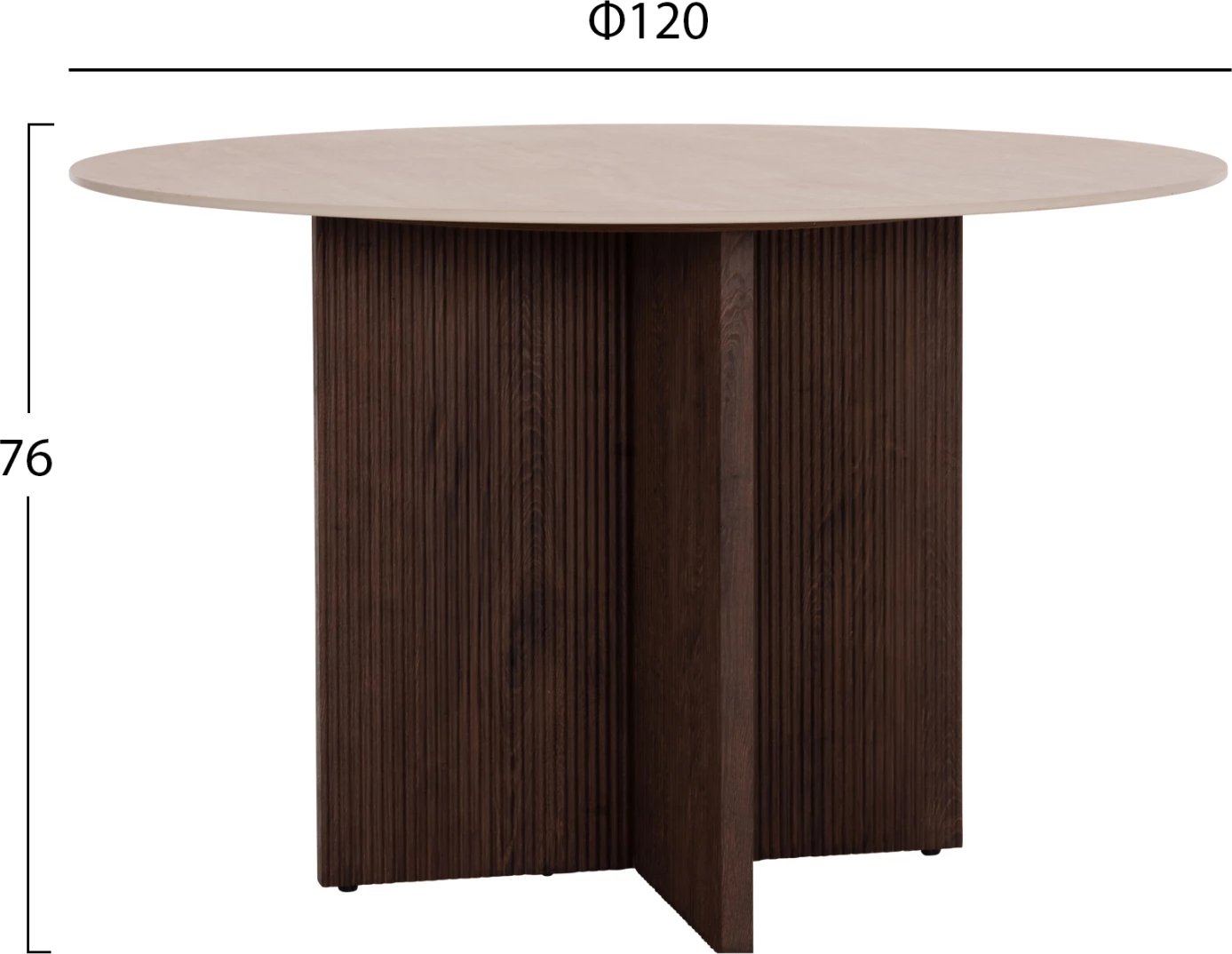 Tavolinë e rrumbullakët për ngrënie, sipërfaqe qeramike, pamje guri travertin, 120x76cm