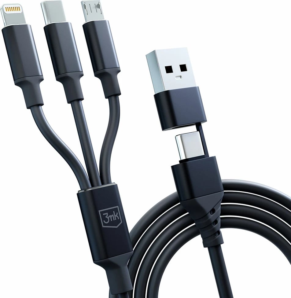 Kabllo 3in1 3mk Hyper Cable, 1.5m, USB-A në USB-C/Micro USB/Lightning, e zezë Kabllo 3in1 3mk Hyper Cable, 1.5m, USB-A në USB-C/Micro USB/Lightning, e zezë