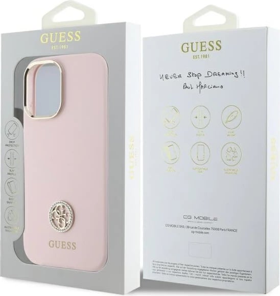 Mbështjellës Guess Silicone Logo Strass 4G për iPhone 16, Rozë e çelët