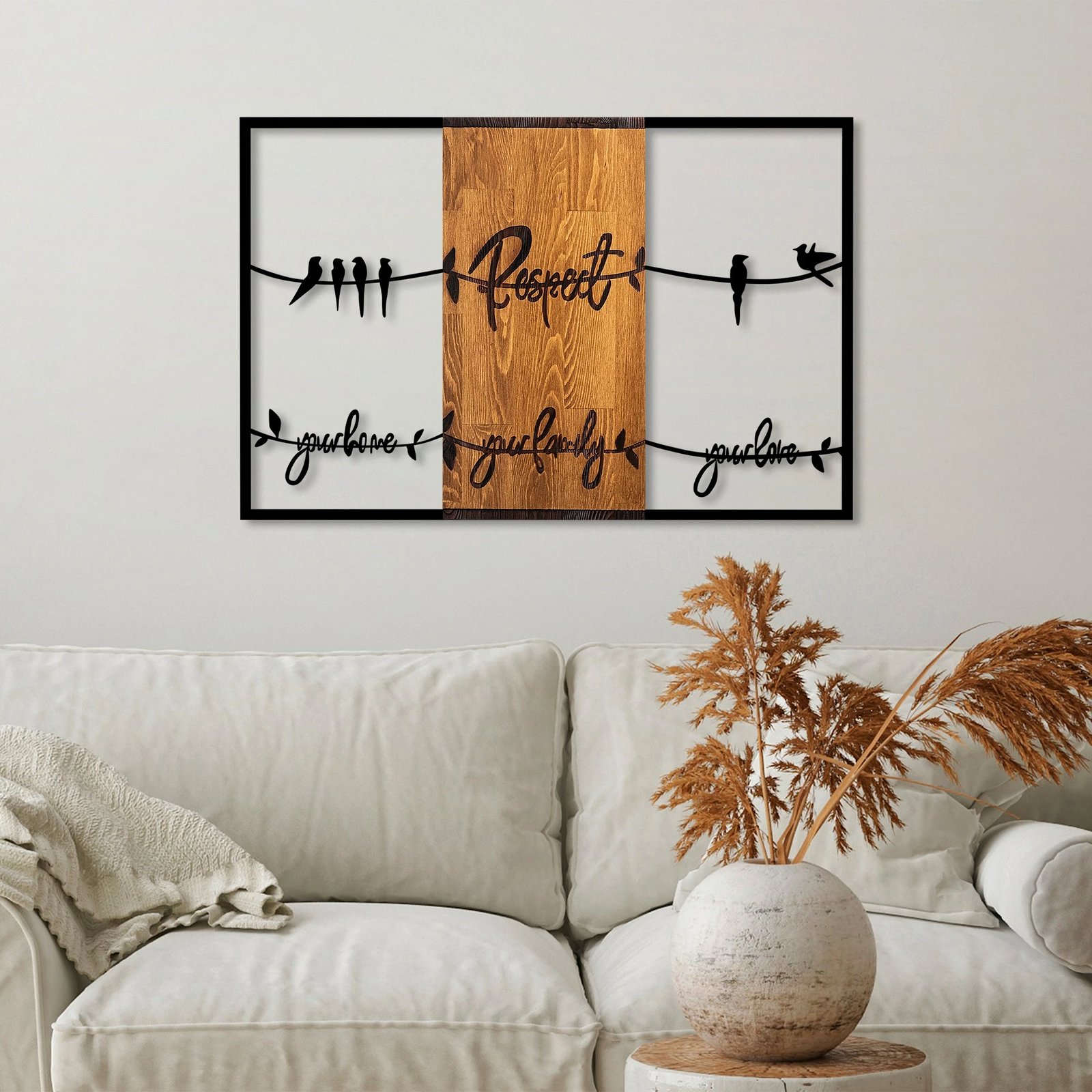 Aksesor dekorativ prej druri për mur, ngjyrë arre dhe e zezë, 88x57cm, Respect your home your family your love