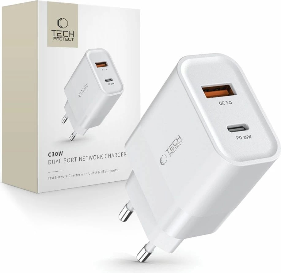Karikues rrjeti Tech-Protect C30W, 30W, 2 porta USB-C PD & USB-A QC 3.0, i bardhë