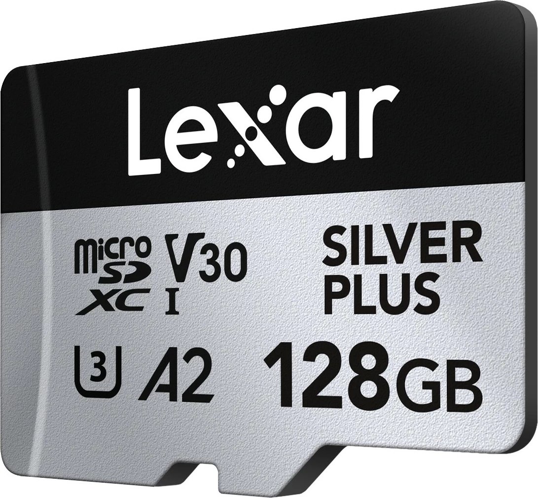 Kartë memorie microSD, Lexar, Silver Plus LMSSIPL128G-BNANG, 128GB UHS-I A2 U3 V30 205/150MB/s, me adaptues SD, argjendtë
