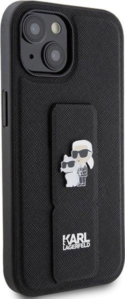 Mbështjellës Karl Lagerfeld Gripstand Saffiano Karl&Choupette Pins për iPhone 15 Plus / 14 Plus, i zi