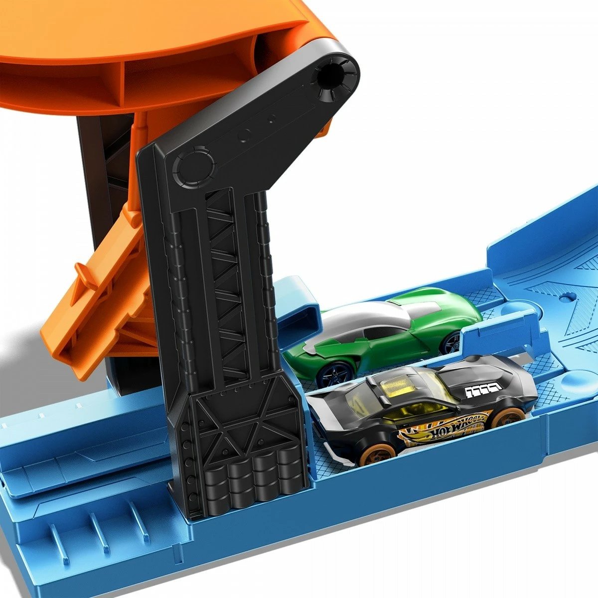 Set lodrash Hot Wheels Monster Trucks Stunt Arena Tire me makinë Tiger Shark dhe makinë Hot Wheels, zi/portokalli