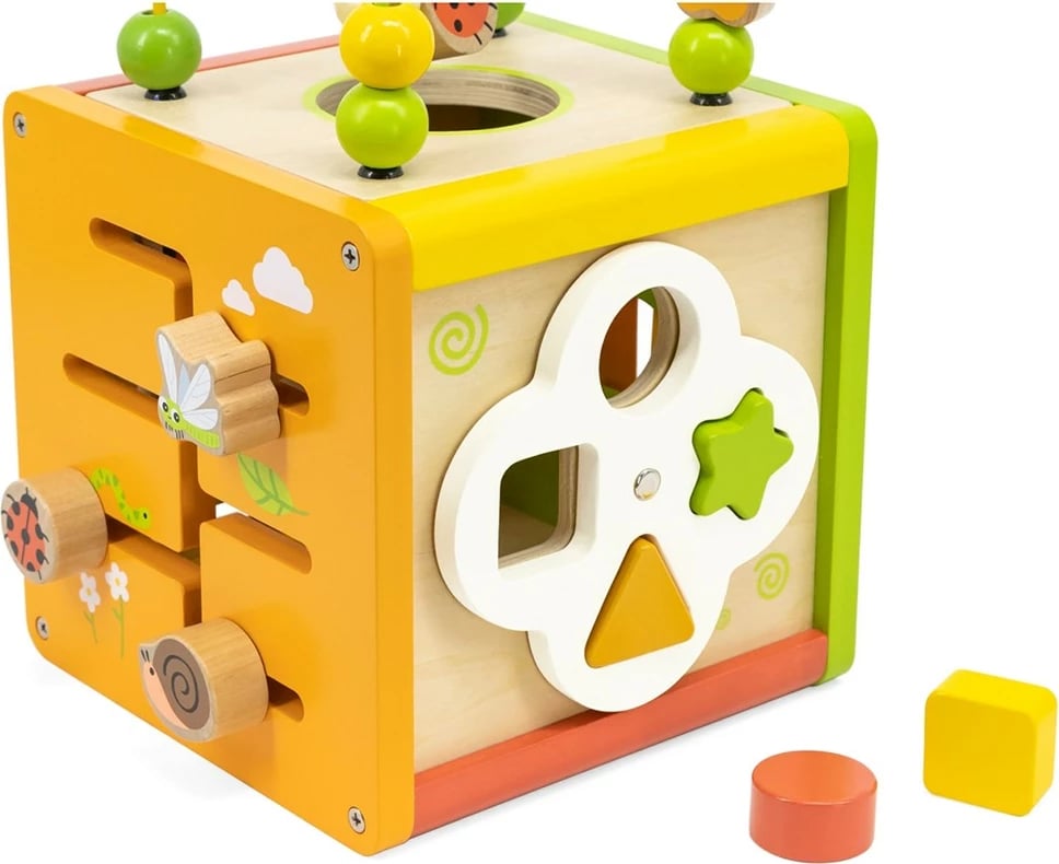 kub edukativ 5-në-1, Viga, dru, me ksilofon, sorter formash, labirint me rruaza dhe kube rrotulluese, multingjyrëshe