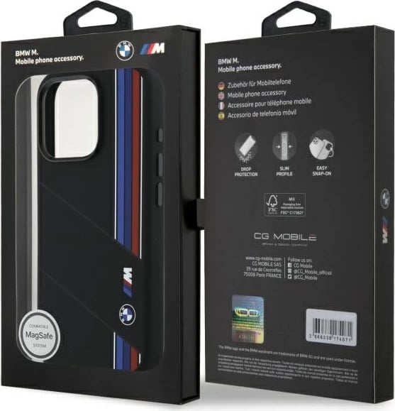 Mbështjellës BMW Silicone Cut Tricolor Lines MagSafe për iPhone 16 Pro, Zi