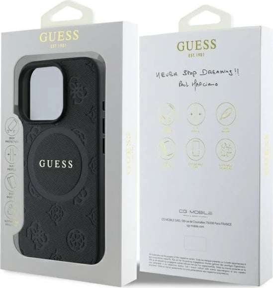 Mbështjellës Guess Saffiano Peony Classic Logo MagSafe për iPhone 16 Pro, e zezë