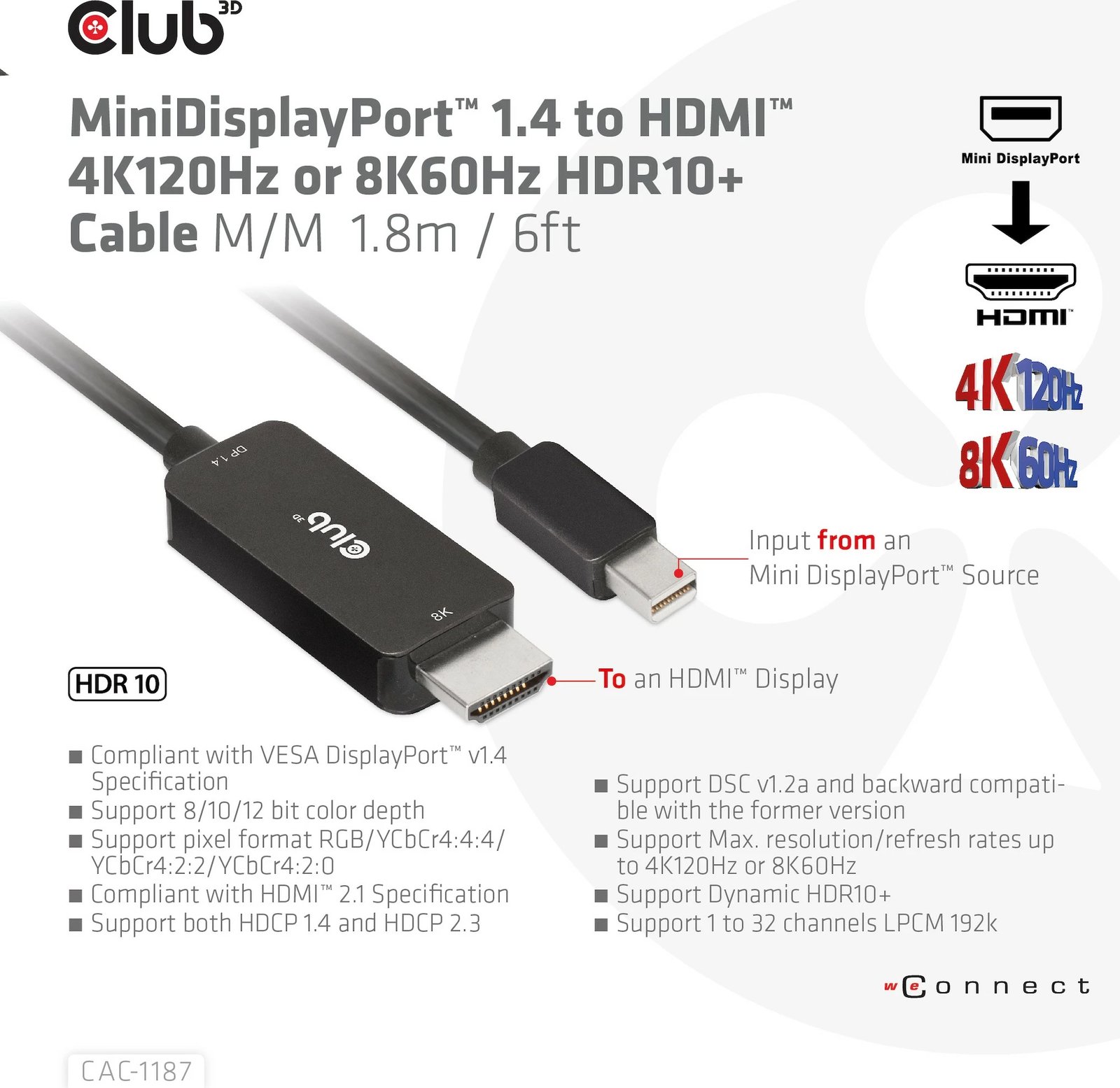 Kabllo Club3D Mini DisplayPort në HDMI 1.8m 8K60Hz e zezë