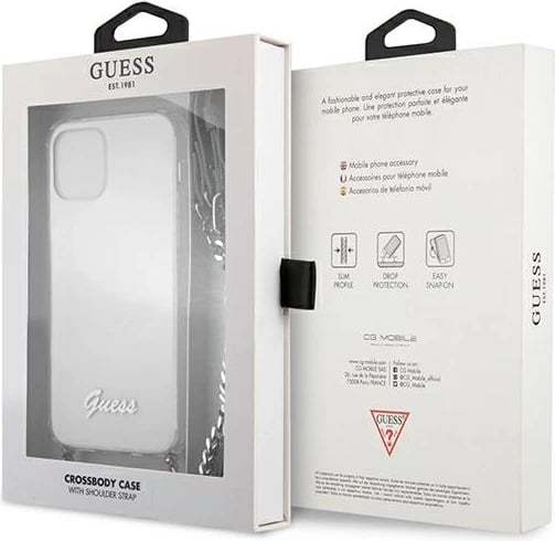 Mbështjellës Guess GUHCP12MKC4GSSI për iPhone 12/12 Pro 6.1", transparent me zinxhir argjendi