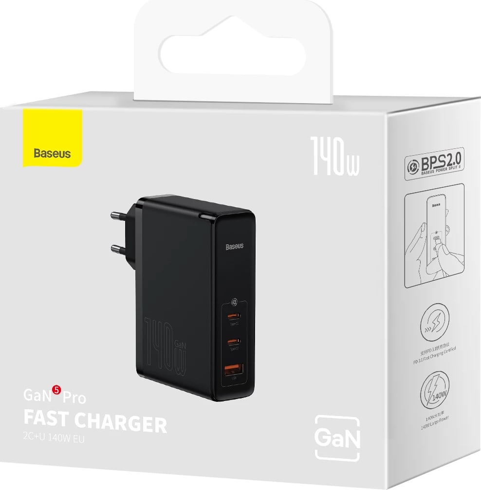 Karikues i shpejtë Baseus GaN5 Pro, 140W, 2x USB-C + USB-A, EU, i zi Karikues i shpejtë Baseus GaN5 Pro, 140W, 2x USB-C + USB-A, EU, i zi