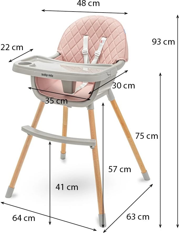 karrige ushqimi e lartë, Baby Mix, Freja, 2-në-1 e kthyeshme në karrige të ulët, tabaka dyshe e rregullueshme, këmbë druri, rrip 5-pikësh, rozë e zbehtë