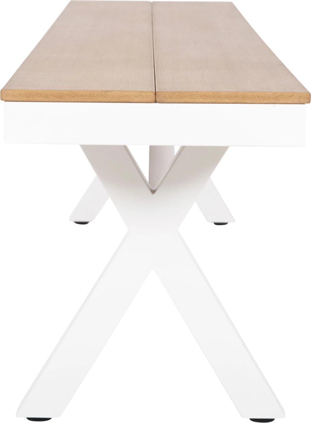 Stol alumini TAWNEE FH6040.02, i bardhë me sipërfaqe polivudi, ngjyrë druri natyral, 220x36x44.5 cm