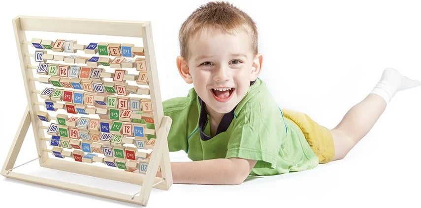 Tabelë shumëzimi druri, Viga, 10 shufra me kuba rrotullues, 345x370x23 mm, për 3+ vjeç, shumëngjyrëshe