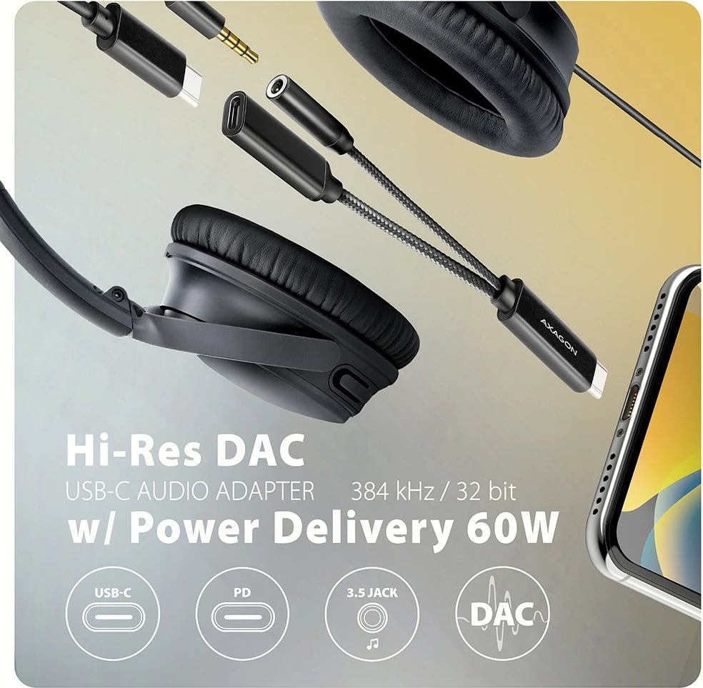 Kartë zanore e jashtme AXAGON ADA-HCPD, USB-C, DAC 32bit, 384kHz, PD 60W, e zezë