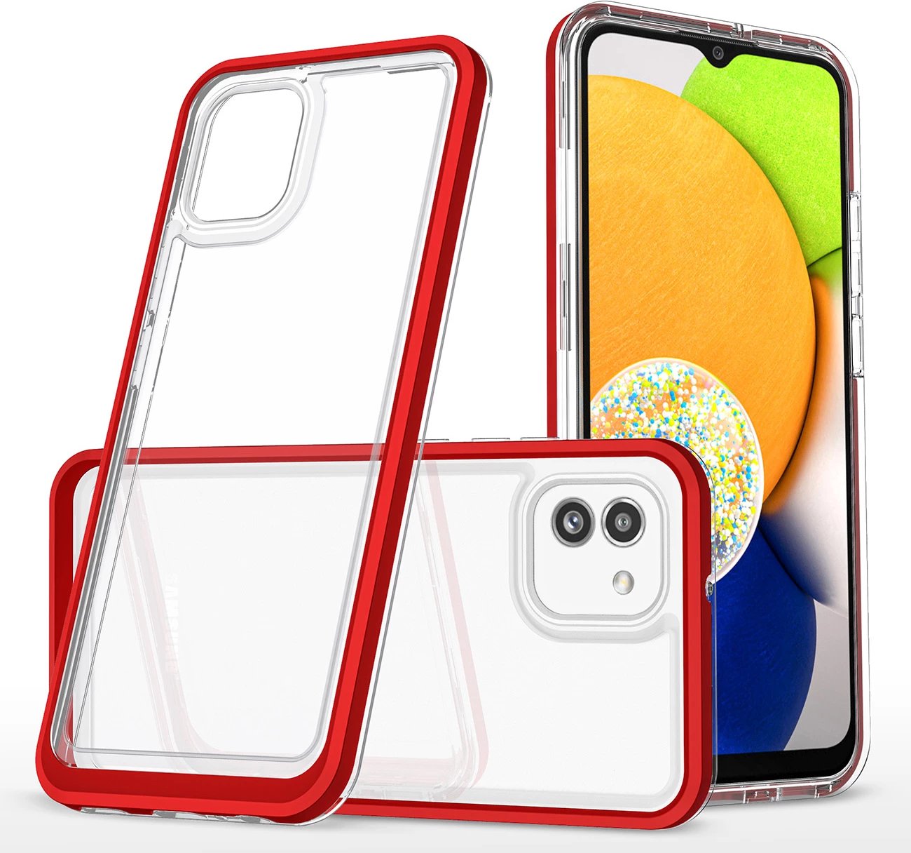 Mbështjellës Hurtel Clear 3in1 për Samsung Galaxy A03, kornizë e kuqe, transparent
