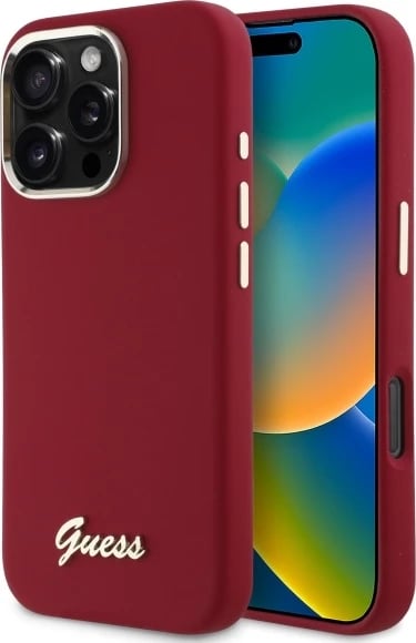 Mbështjellës Guess Silicone Script Metal Logo për iPhone 16 Pro, Kuqe Mbështjellës Guess Silicone Script Metal Logo për iPhone 16 Pro, Kuqe