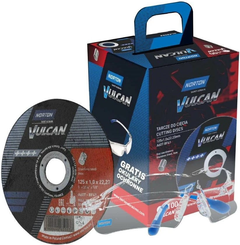 Disqe prerës Norton Vulcan, 125×1.0×22.23 mm, 100 copë, përfshin syze mbrojtëse plastike.