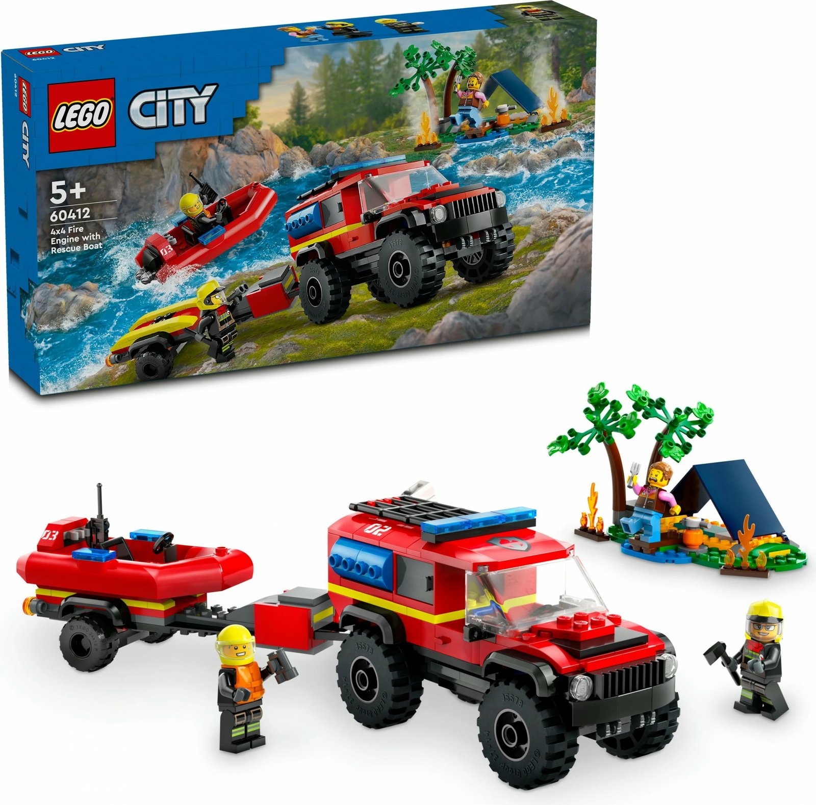 Set ndërtimi LEGO City 4x4 Kamion Zjarri me Varkë Shpëtimi 301 pjesë, multingjyrësh