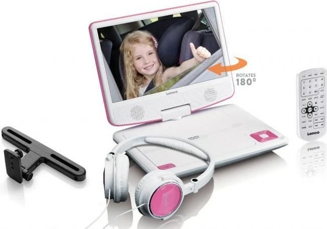 DVD Player portativ Lenco DVP-910, 9 inç, USB, me mbajtëse për makinë, rozë/bardhë