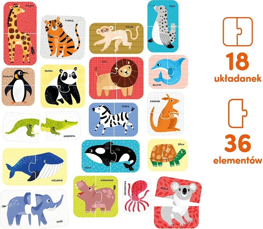 Puzzle për çifte CzuCzu 2566, 18 puzzle, 36 pjesë, për fëmijë, me kafshë të egra