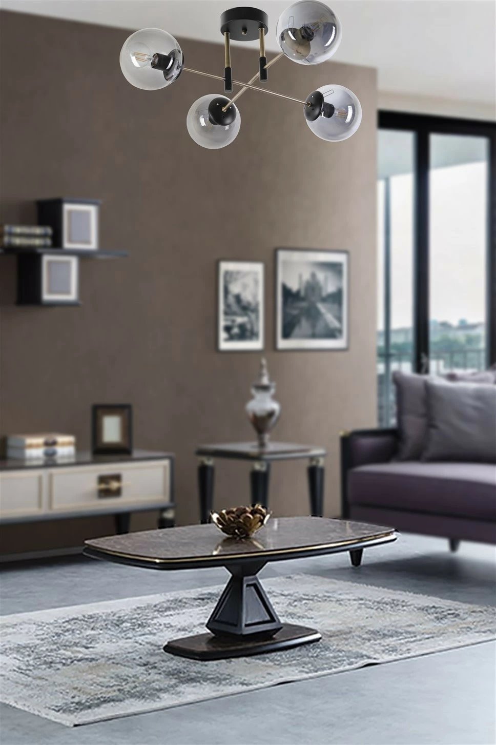 Llambë tavani Opviq Dolunay, 4 llamba, metal i zi, xham fume