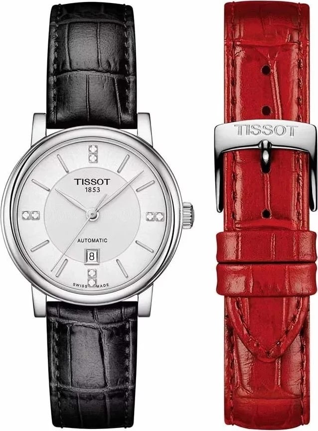 Orë dore për femra TISSOT Carson Automatic, me rrip të zi dhe të kuq