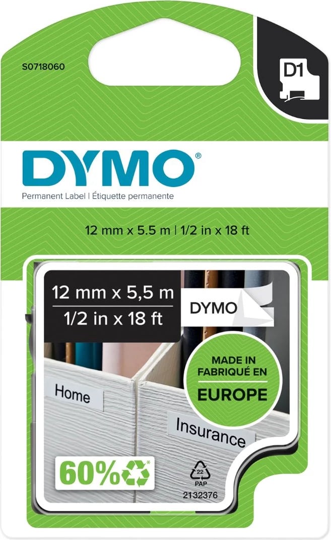 Shirit etikete Dymo S0718060 D1 12mm x 5.5m, ngjitës i përhershëm, zi në të bardhë