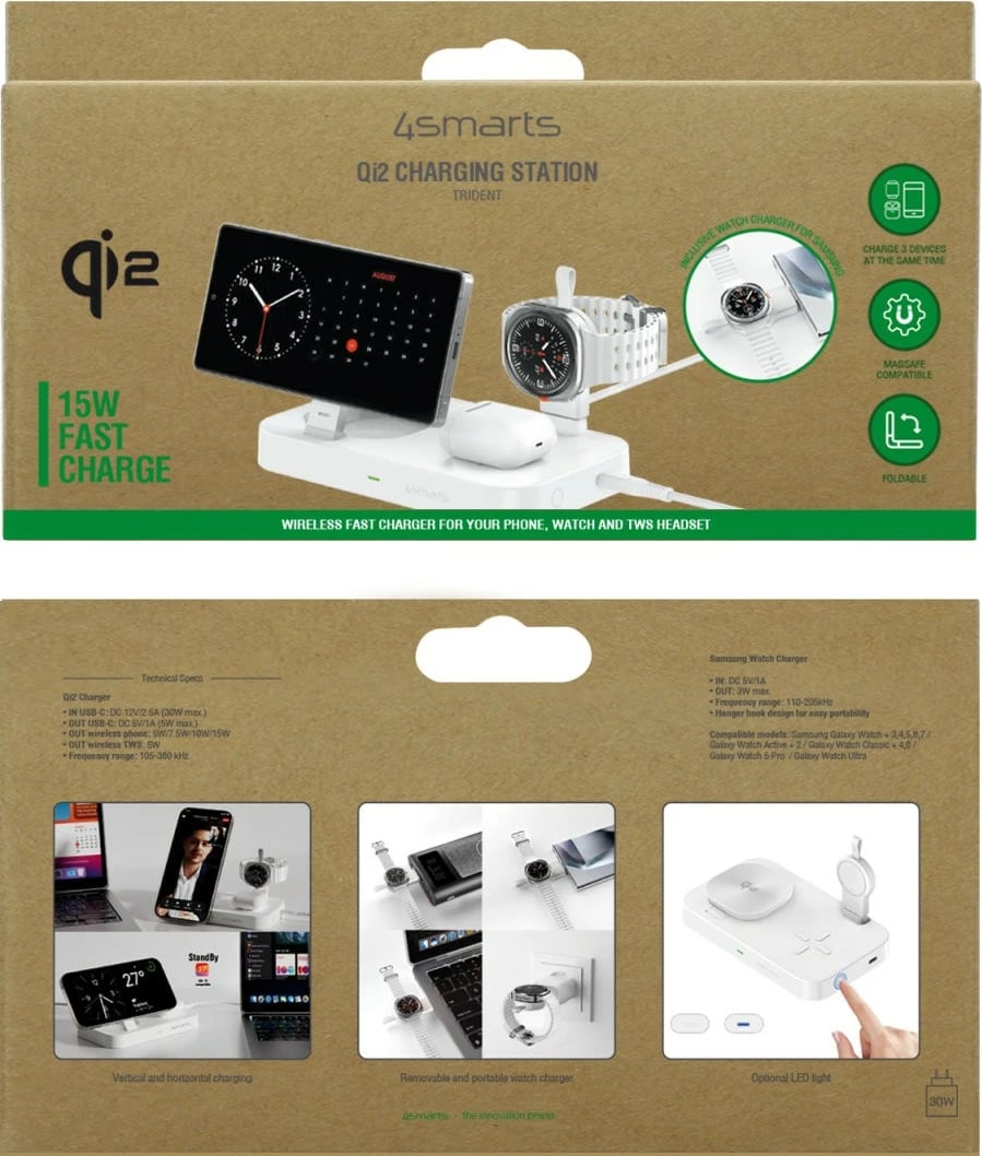 Stacion karikimi wireless 3-në-1 4smarts 541368, Qi2, MagSafe, 25W, 1.5m, i bardhë