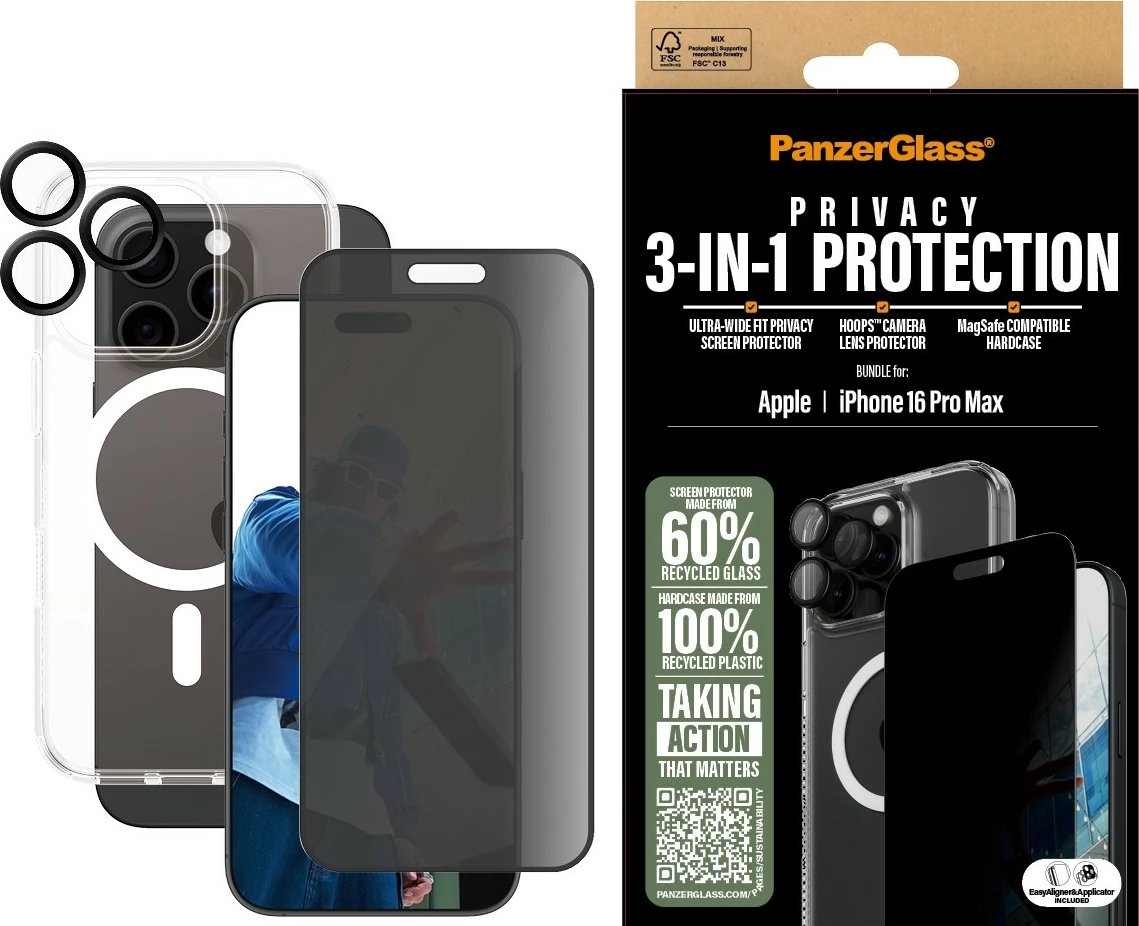 Mbështjellës ekrani PanzerGlass 3-in-1 Privacy Protection për iPhone 16 Pro Max, transparent