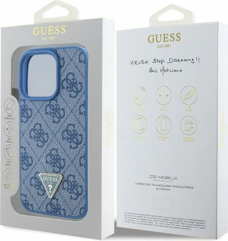 Mbështjellës Guess Leather 4G Triangle Strass për iPhone 16 Pro, MagSafe, Blu