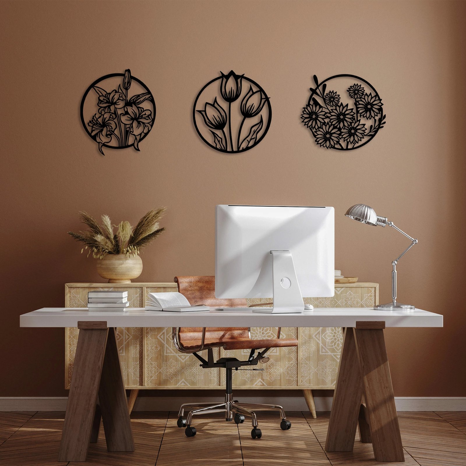 Aksesor dekorativ metalik për mur, lule, 273 M, set prej 3 copash, ngjyrë e zezë, 50x57cm